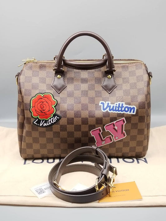 LOUIS VUITTON DAMIER EBENE PATCHES SPEEDY BANDOULIERE 30