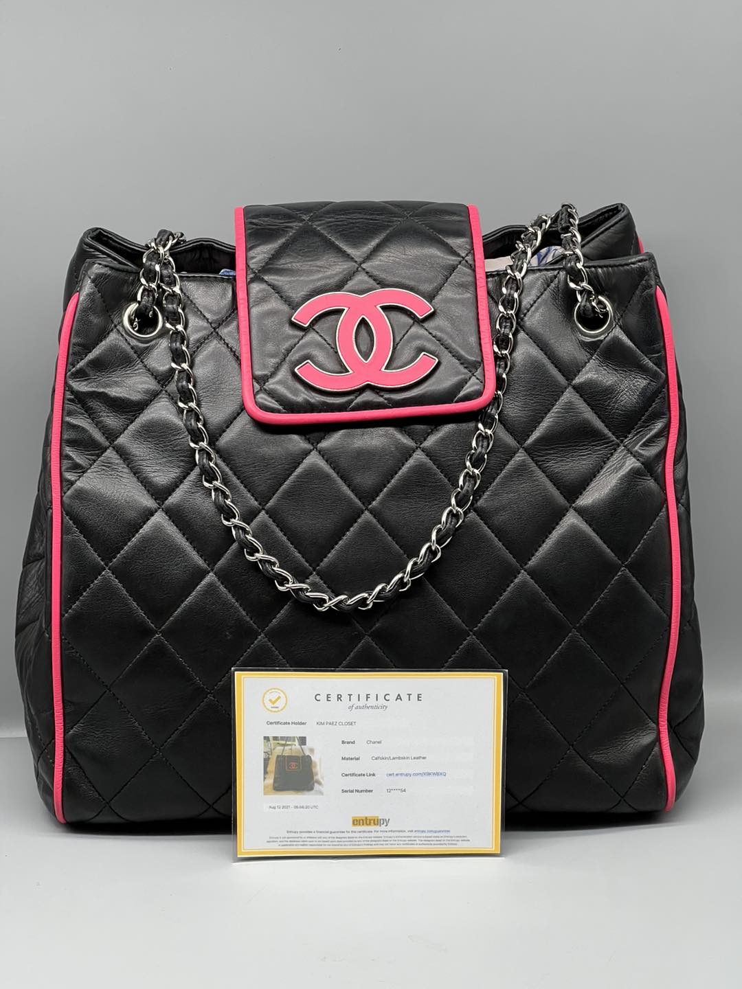 CHANEL Lambskin Quilted CC Shopping Tote Black Pink