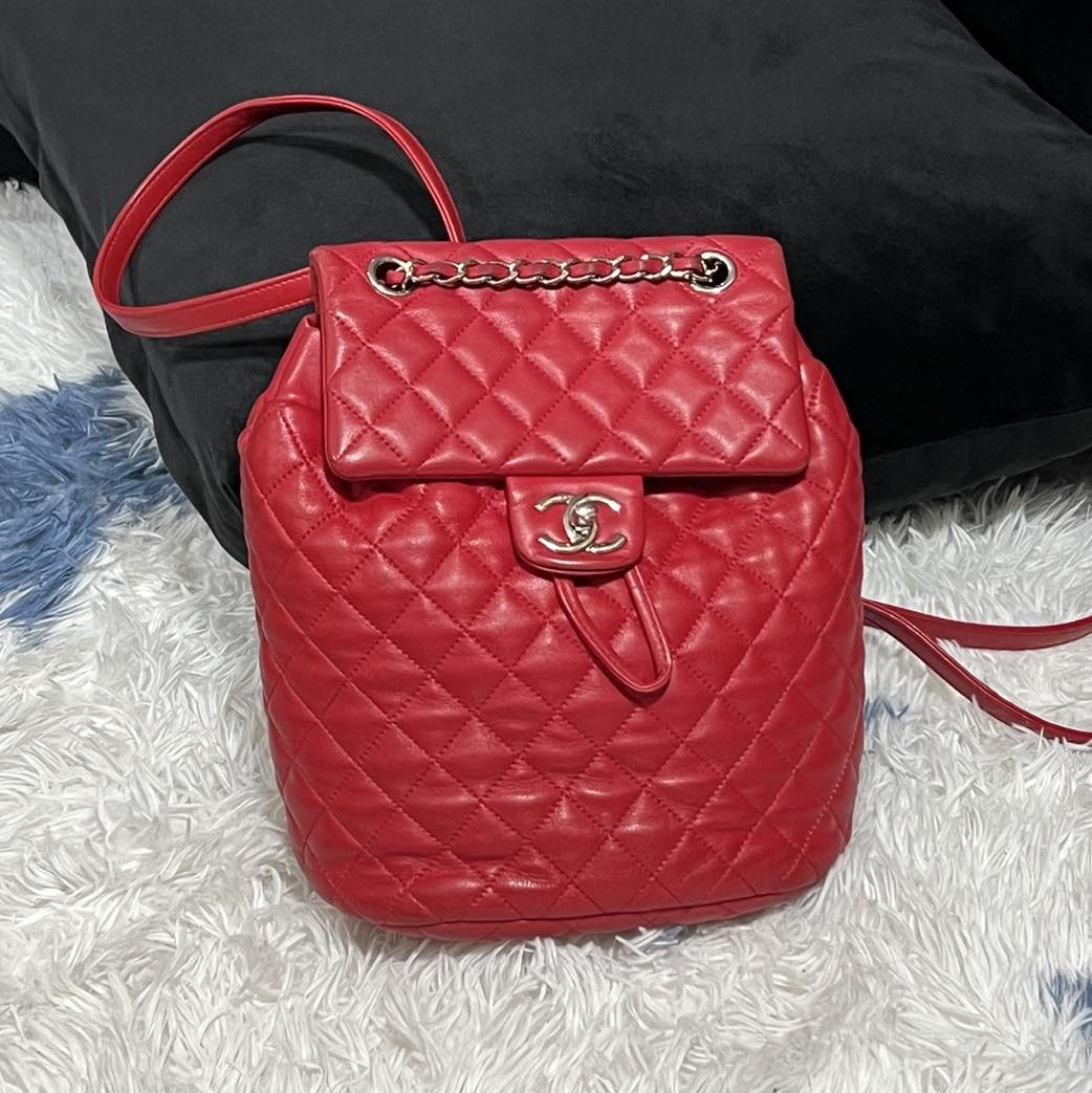 CHANEL Lambskin Quilted Small Urban Spirit Backpack Red