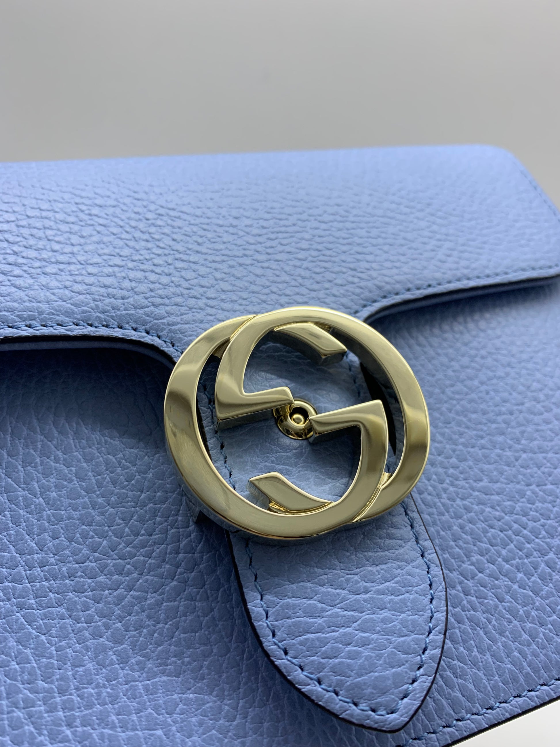 Gucci Interlocking G Shoulder Bag Small Mineral Blue in Pebbled Calfskin  with Light Gold-tone - US