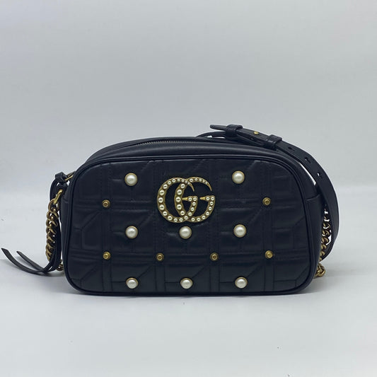 GUCCI Calfskin Matelasse Studded Small Pearly GG Marmont Chain Shoulder Bag Black