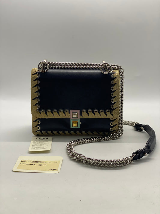 FENDI Vitello Liberty Ribbon Lace Up Studded Small Kan I Shoulder Bag Black