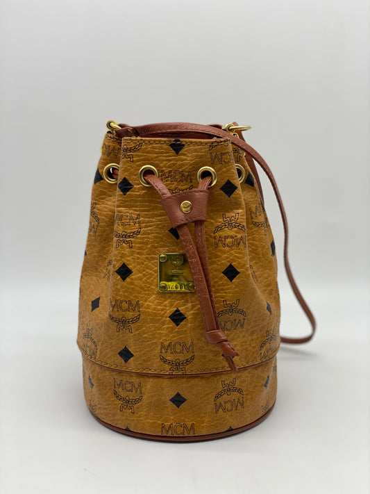 MCM Cognac Monogram Visetos Logo Mini Drawstring Bucket CrossbodyBag