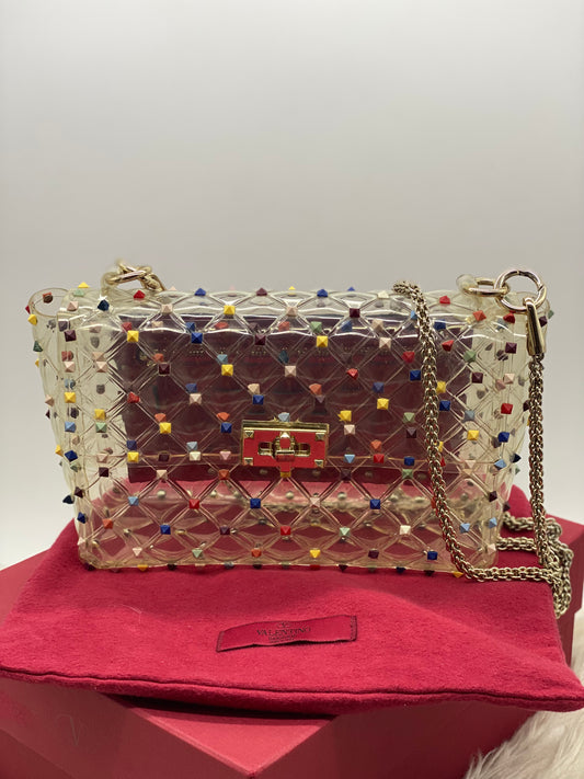 PRELOVED Valentino Clear/Red PVC Rockstud Spike Top Handle Bag