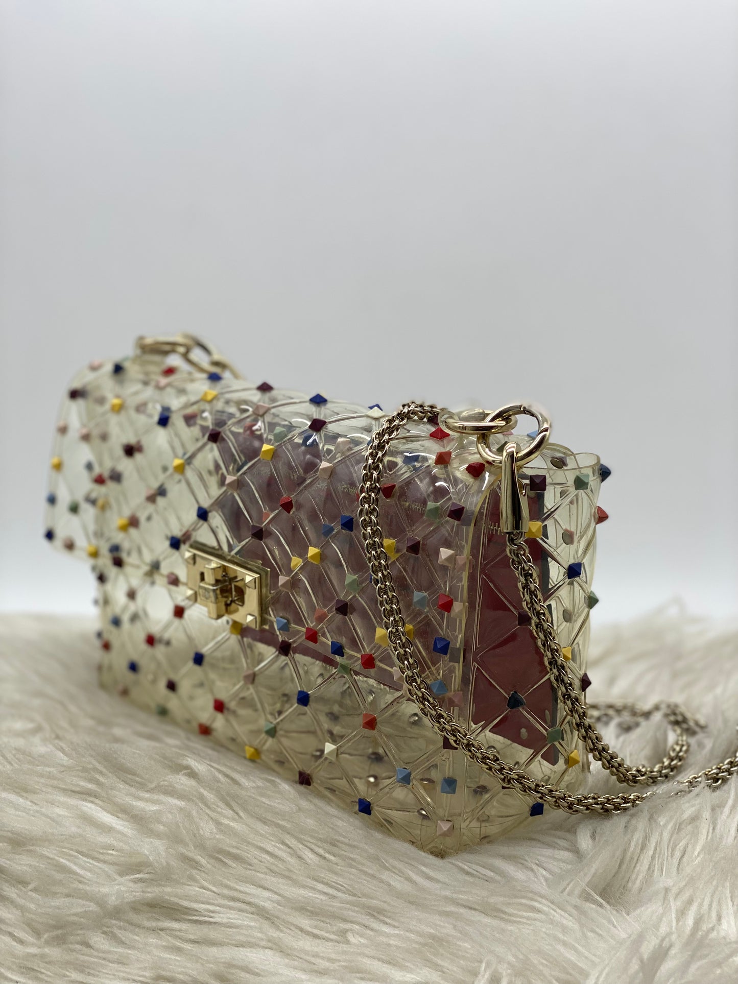 PRELOVED Valentino Clear/Red PVC Rockstud Spike Top Handle Bag