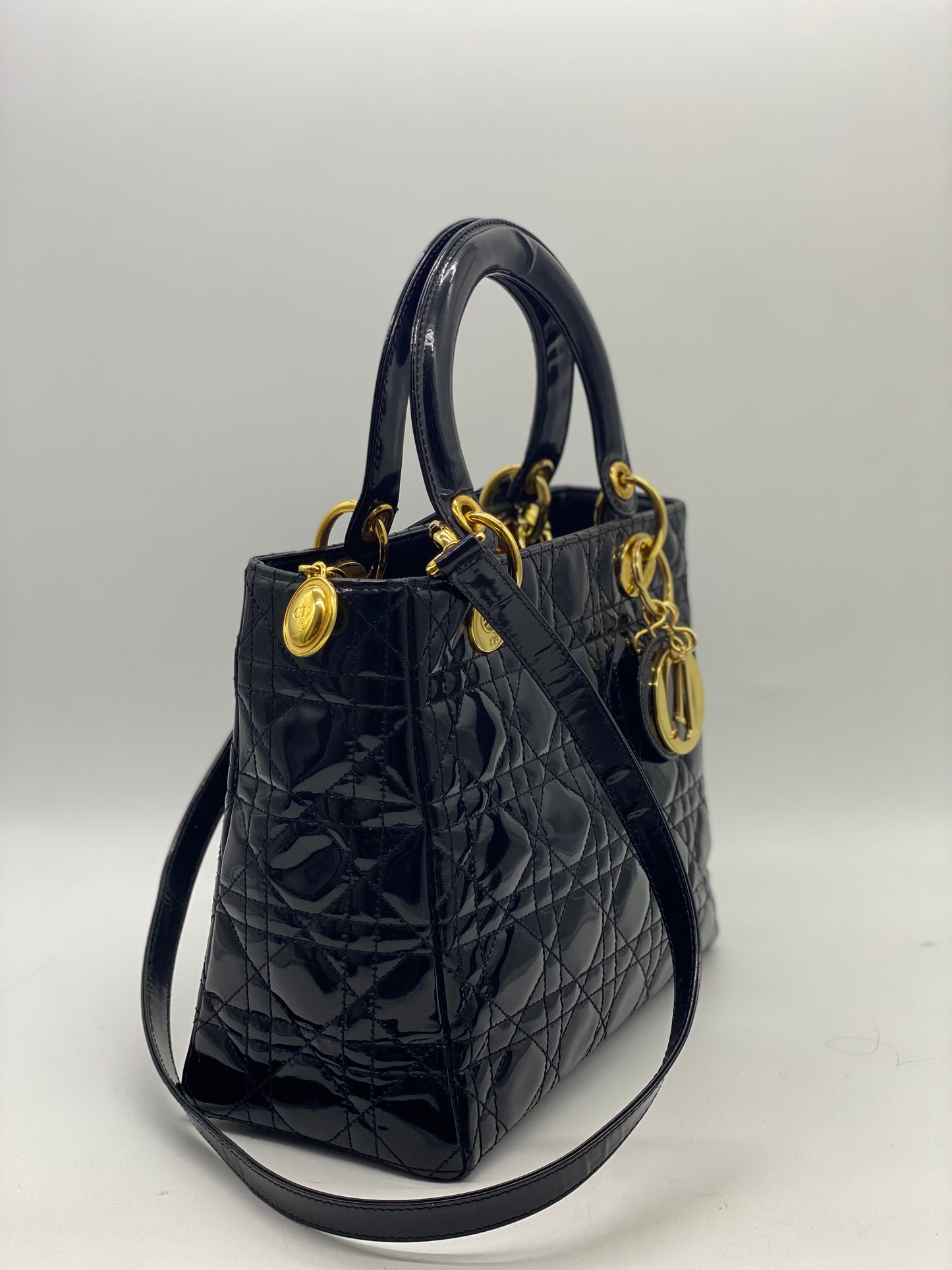 CHRISTIAN DIOR Lady Dior Small Patent Black Bag