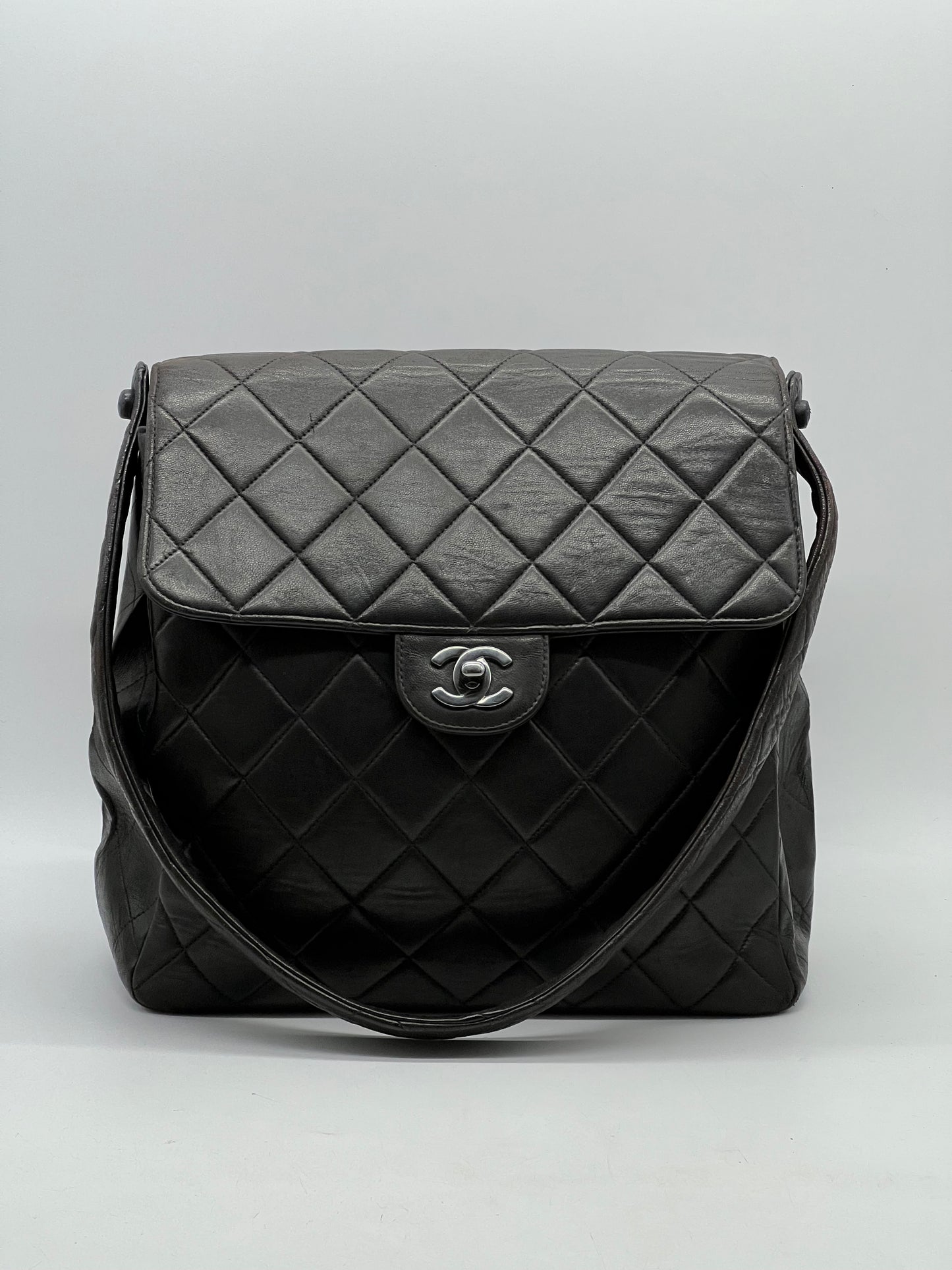 Chanel Vintage Double Sided Black Quilted Leather Medium Tote Hand Bag