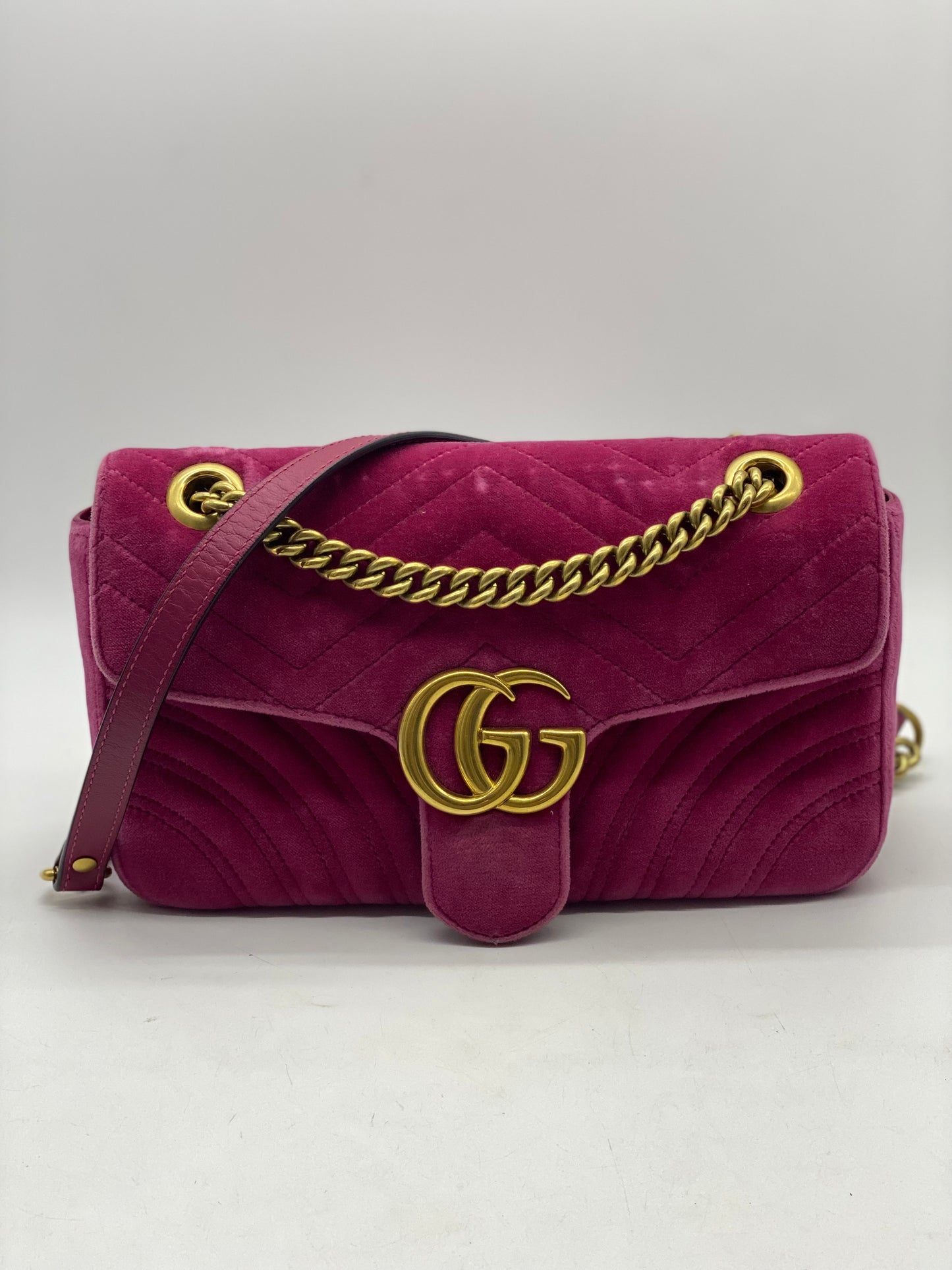 GUCCI Velvet Matelasse Small Marmont Shoulder Bag Light Raspberry R Tres Luxury