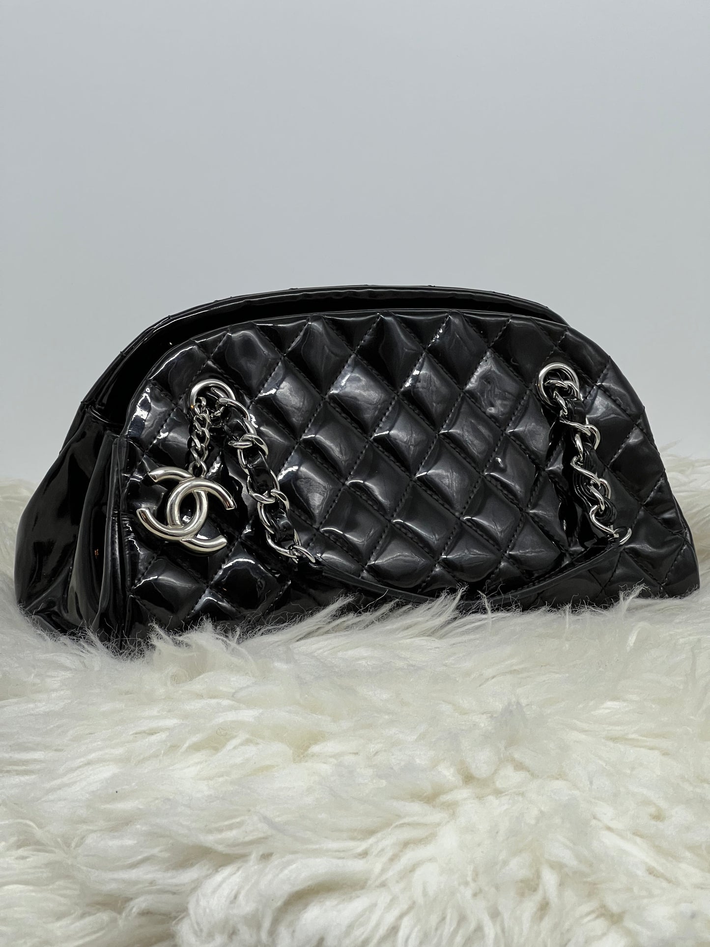 Authentic Chanel Black Patent Quilted Medium Just Mademoiselle Bowling Bag