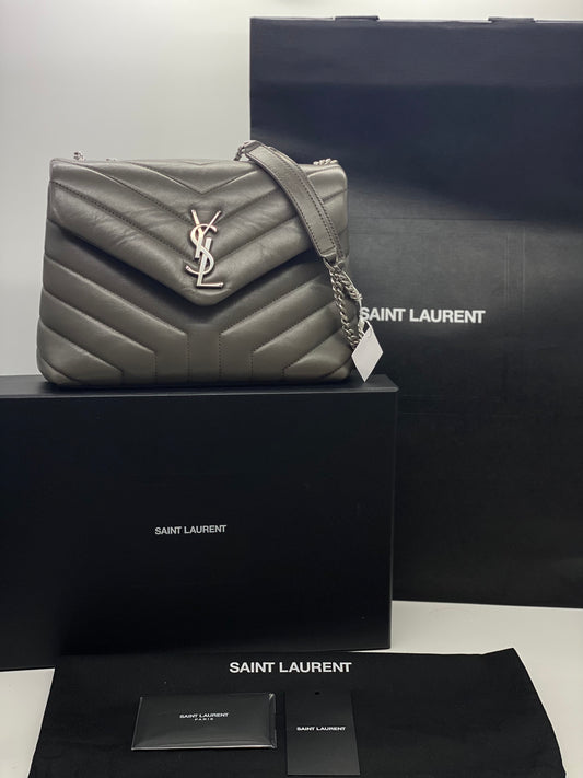 SAINT LAURENT Calfskin Y Quilted Monogram Small Loulou Chain Satchel Pebble