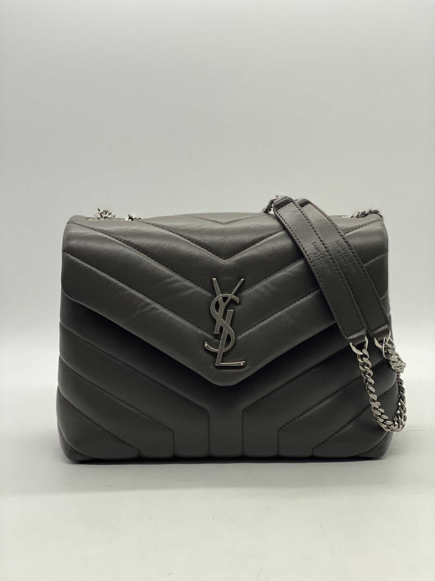 SAINT LAURENT Calfskin Y Quilted Monogram Small Loulou Chain Satchel Pebble